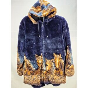 Vintage Andrea Faye Horse Print Hooded Fleece Jacket Western Ranchwear‎